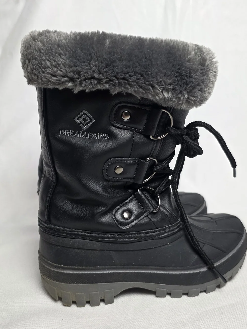 Dream Pairs Boys Girls Black Winter Snow Boots w/ Lace-Up Faux Fur Cuff  Size 10